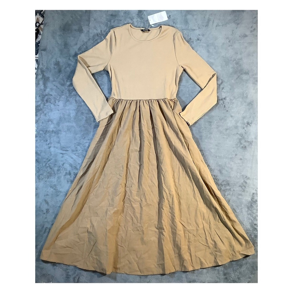 Creation Concept Tan Ribbed Knit Long Sleeve Maxi Dress Fit & Flare Women's M NW